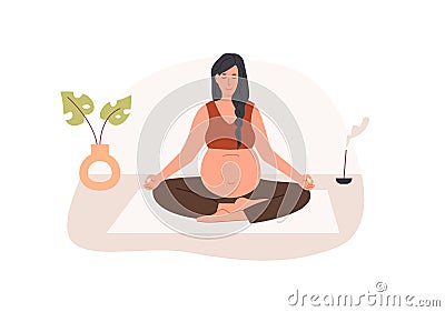 Pregnant woman meditating at home. Prenatal yoga. Woman sitting with legs crossed practicing meditation. Relaxing Vector Illustration