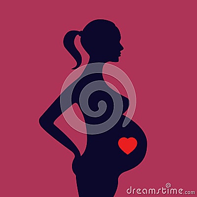 Pregnant woman with a new heart silhouette. Isolated on pink background. Vector Illustration. Vector Illustration