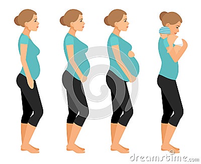 Pregnant woman and newborn baby flat vector illustration. Pregnancy beautiful body isolated on white background Vector Illustration