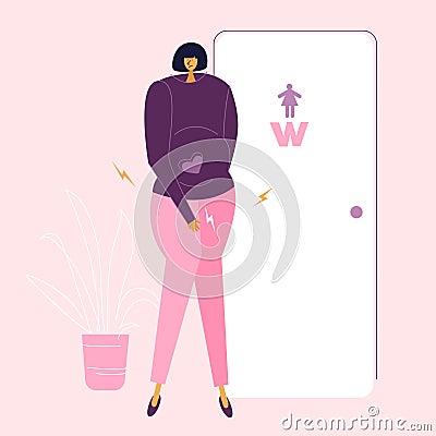 The pregnant woman often want to go the toilet. New mom has discomfort and need urinate. Pregnancy has the symptoms. Vector Illustration