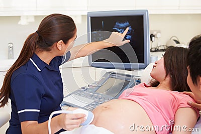 Pregnant Woman And Partner Having 4D Ultrasound Scan Stock Photo