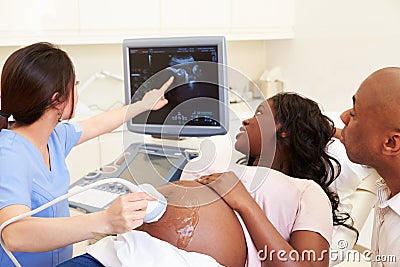 Pregnant Woman And Partner Having 4D Ultrasound Scan Stock Photo