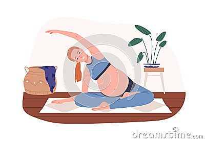 Pregnant woman practicing yoga exercise in seated position with legs crossed. Mom stretching arm overhead during Vector Illustration