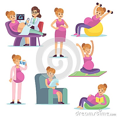 Pregnant woman. Pregnancy female diet eating drinking sitting doing exercises, cartoon vector characters Vector Illustration