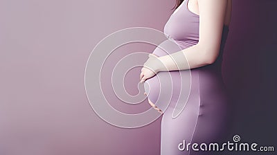 Pregnant woman in purple leggings on a purple background Stock Photo