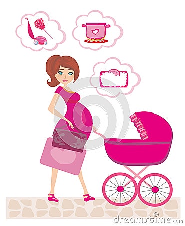 Pregnant woman pushing a stroller and thinks of homework Vector Illustration