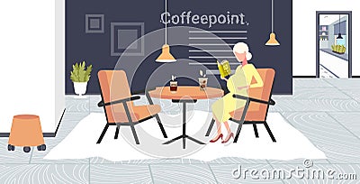 Pregnant woman reading book sitting at cafe table girl touching her belly pregnancy and motherhood concept modern coffee Vector Illustration