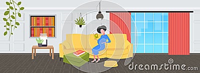 Pregnant woman reading book sitting on couch girl touching her belly pregnancy and motherhood concept modern living room Vector Illustration