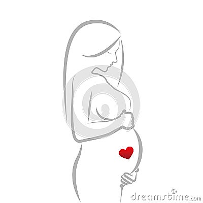 Pregnant woman with red heart in her belly line drawing Vector Illustration