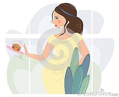 A pregnant woman refuses a hamburger. No fast food. Unhealthy, fatty, high-calorie food. Diet and healthy lifestyle Cartoon Illustration