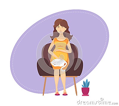 Pregnant lady is sitting in armchair with cat Vector Illustration