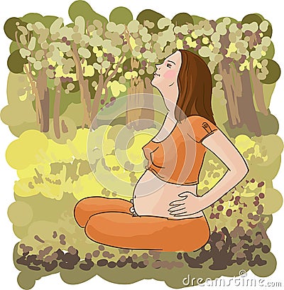 Pregnant woman relaxing on grass illustration. Vector Illustration