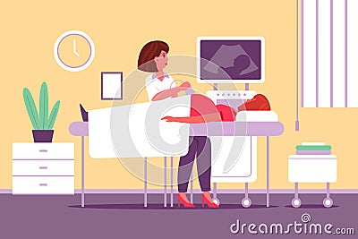 Pregnant woman screening. Doctor does expectant mother ultrasound, medical examination, female character, maternity Vector Illustration