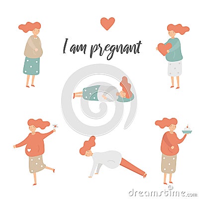 Pregnant woman set including woman with heart, flower, food Vector Illustration