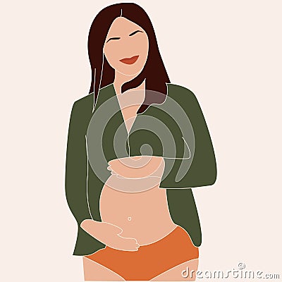 Pregnant woman in shirt. Bright conceptual contemporary flat illustration about motherhood and pregnancy. 3 Vector Illustration