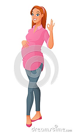 Pregnant woman showing ok sign gesture. Vector illustration. Vector Illustration