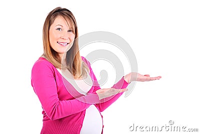 Pregnant woman shows something Stock Photo