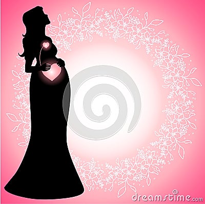 Pregnant woman silhouette with glowing connected hearts Vector Illustration