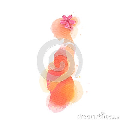 Pregnant woman silhouette plus abstract water color painted. Happy mother`s day. Mother and baby health. Digital art painting Vector Illustration