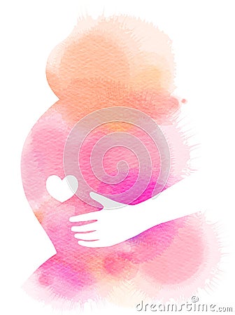 Pregnant woman silhouette plus abstract watercolor. Digital art Stock Photo