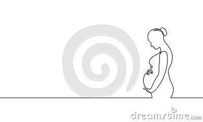 Pregnant woman single continuous line art. Medicine health care pregnancy healthy silhouette holding belly headline Vector Illustration