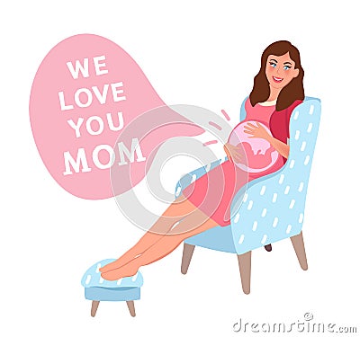 A pregnant woman sits in a chair and touches her stomach. Expecting a baby. Pregnancy. Happy motherhood. Vector illustration Vector Illustration