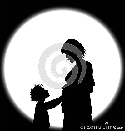 Pregnant woman with son touching her belly Vector Illustration