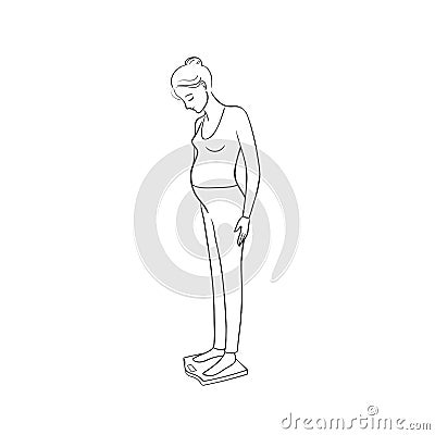 A pregnant woman is standing on the scales.Pregnancy weight control concept.Black and white illustration isolated on Vector Illustration