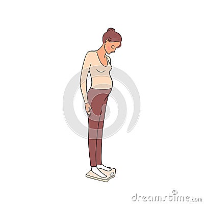 A pregnant woman is standing on the scales.Pregnancy weight control concept.Illustration isolated on white background. Vector Illustration