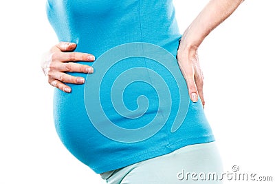 Pregnant woman with stomach or back pain, health care and aches in pregnancy, risk of miscarriage Stock Photo