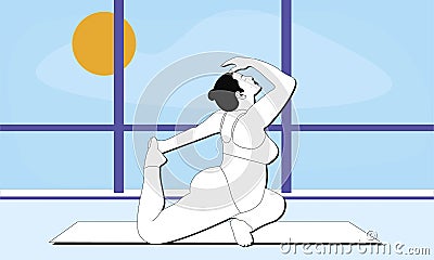 Pregnant woman stretches the entire body doing Pigeon pose in the studio room with window Vector Illustration