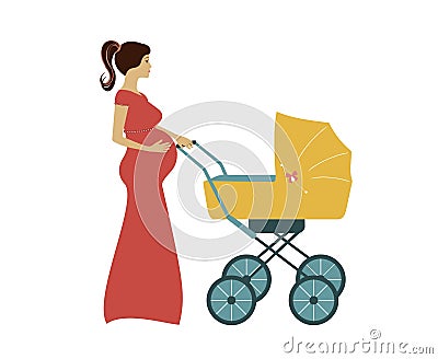 Pregnant woman with stroller baby Vector Illustration