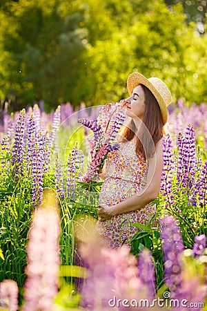 A pregnant woman in a summer dress with a flower crown with a large luxurious blue lupin sits in a field of blooming lupin Stock Photo