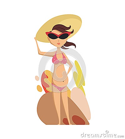 Pregnant woman in swimsuit rest at sea. Beautiful pregnant woman walking on beach in summer vacation. Vector Illustration