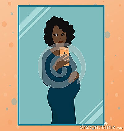 Pregnant woman is taking selfie on smartphone in the mirror. Vector illustration Vector Illustration