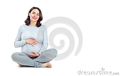 Pregnant woman touching her belly. Healthy pregnancy concept. Pregnant middle aged gravid woman sitting isolated on white Stock Photo