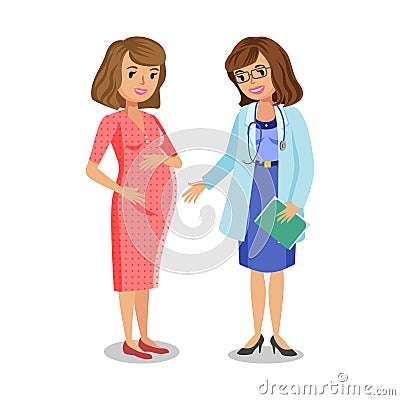 Pregnant woman visiting doctor in clinic, expectant mother Vector Illustration