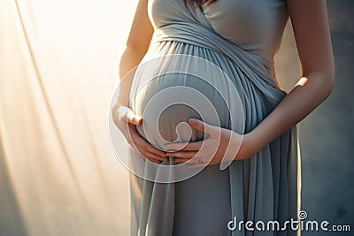 Pregnant woman wearing beautiful dress holding her hands on belly on a light background. Pregnancy, maternity, preparation and Stock Photo