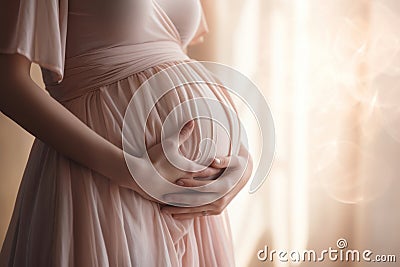 Pregnant woman wearing beautiful dress holding her hands on belly on a light background. Pregnancy, maternity, preparation and Stock Photo