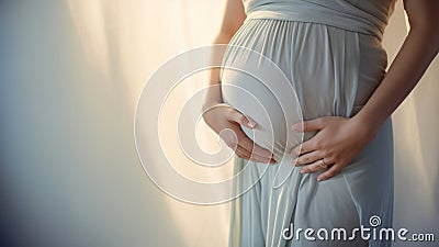 Pregnant woman wearing beautiful dress holding her hands on belly on a light background. Pregnancy, maternity, preparation and Stock Photo