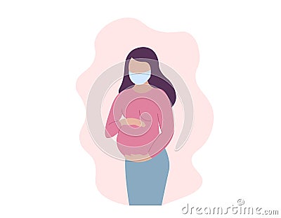 Pregnant woman wearing medical face mask and holding belly. Healthy pregnancy concept. Vector flat illustration Vector Illustration