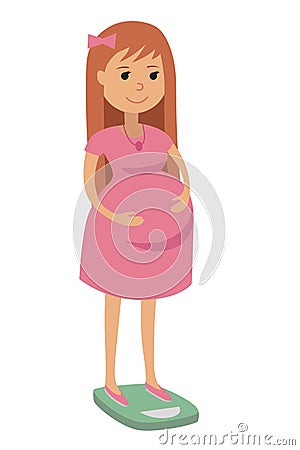 Pregnant Woman, weighed on the scales. Flat Vector Illustration Vector Illustration