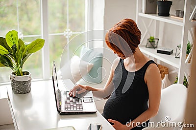 Pregnant woman working on laptop. Image of pregnant business woman typing something on laptop Stock Photo