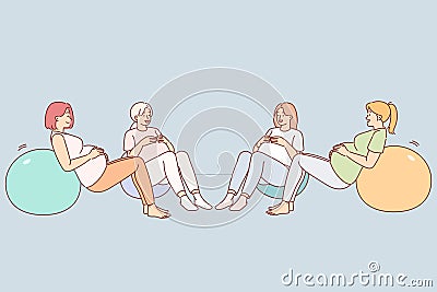 Pregnant women do fitball exercise during group classes to prepare for childbirth and improve health Vector Illustration