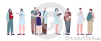 Pregnant women and doctors. Pregnancy female, family with newborn baby and gynecologist. Gynecology, check up health Vector Illustration