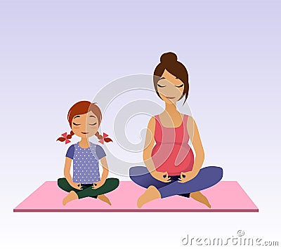 Pregnant women and little girl doing yoga Vector Illustration