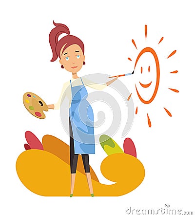 Pregnant women painter. Paint the sun for baby room. Vector Illustration