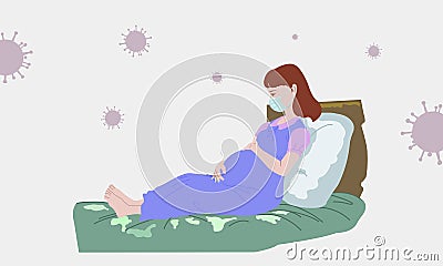 Pregnant women worry about virus. Both hands held the belly near to giving birth. Vector Illustration