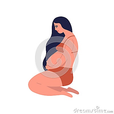 Pregnant young brunette woman awaiting baby birth. Mother sitting in underwear with long black hair holding belly. Happy Vector Illustration