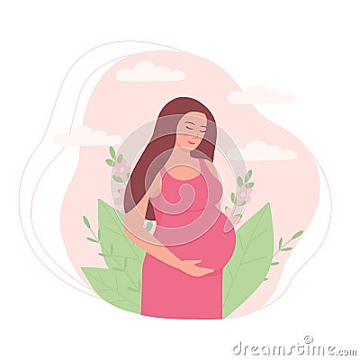 A pregnant young woman in a dress. Beautiful girl future mother among the flowers. Flat vector illustration, maternity Vector Illustration